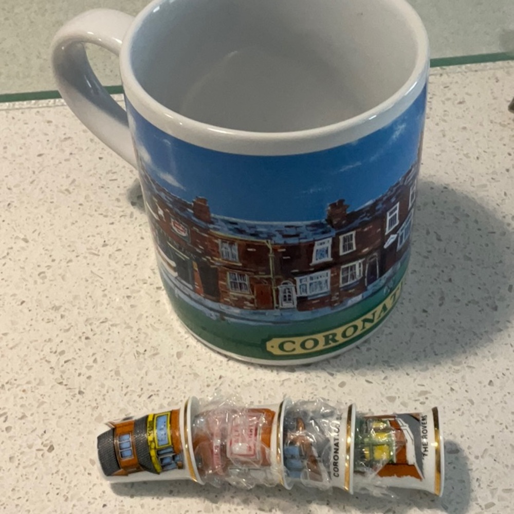 Coronation St. Full street Coffee Mug and set of ceramic thimble’s